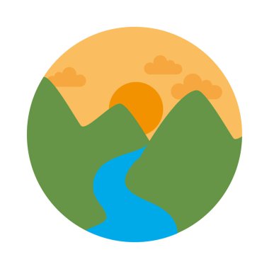 Dağlı güneşli nehir manzarası, düz stil.