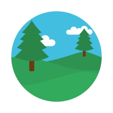 Dağlar ve ağaçlar manzara ikonu, düz stil