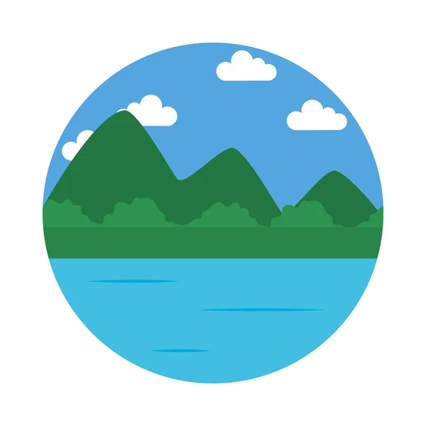 Lago y montañas icono del paisaje, de estilo plano — Vector de stock