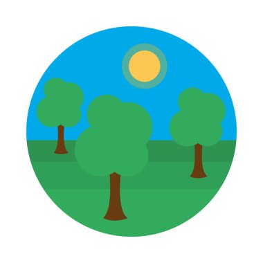 Ağaçların simgesi olan güneşli manzara, düz stil.