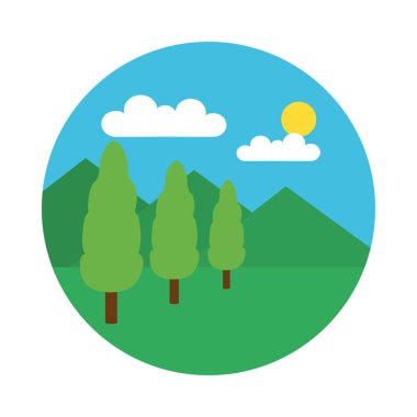 Dağ ve ağaç simgesiyle manzara, düz stil