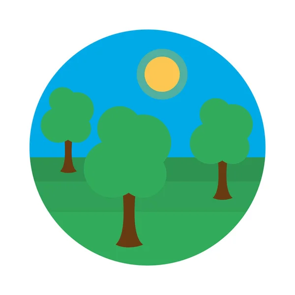 Paisaje soleado con ícono de árboles, estilo plano — Vector de stock