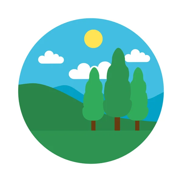 Árboles, montañas y paisaje de sol, estilo plano — Vector de stock