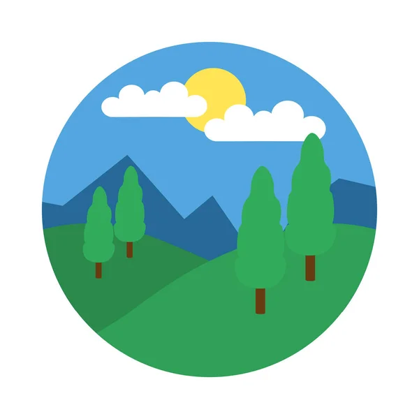 Montañas y árboles, paisaje soleado, estilo plano — Vector de stock