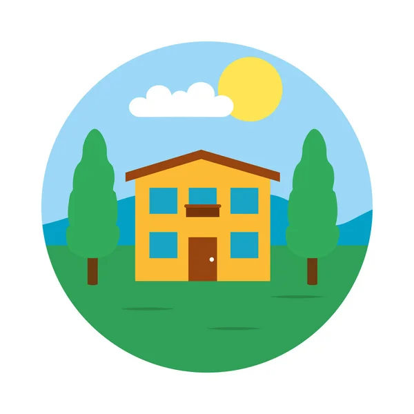 Paisaje con casa y árboles, estilo plano — Vector de stock