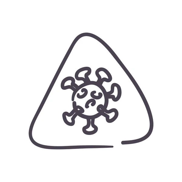 Covid 19 virus dentro de la línea de triángulo de advertencia estilo icono de diseño de vectores — Archivo Imágenes Vectoriales