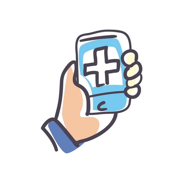 Ręczne trzymanie smartfona z krzyżowym wypełnieniem stylu projekt wektora ikony — Wektor stockowy