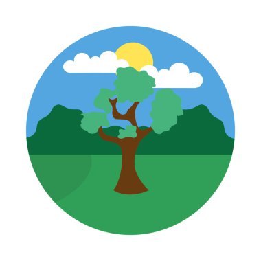 Ağaç, güneş ve bulutlu manzara, düz stil