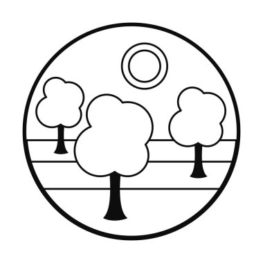 Ağaçların simgesiyle güneşli manzara, çizgi tarzı