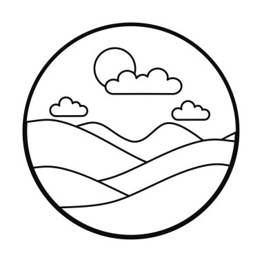 Dağların manzarası güneş ve bulutlar, çizgi tarzı