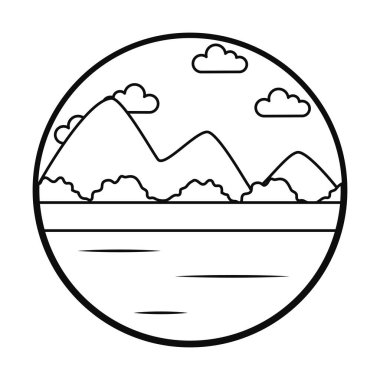 Göl ve dağlar manzara ikonu, çizgi tarzı