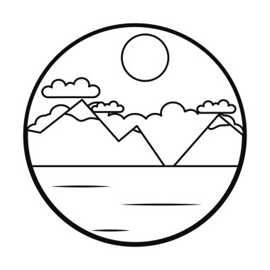 Dağlar ve güneş manzarası ikonu, çizgi tarzı