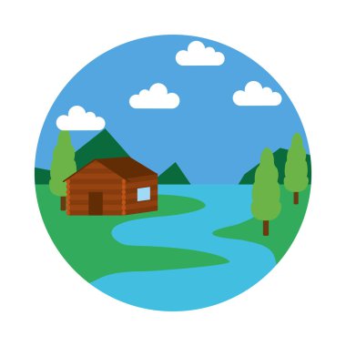 Nehir ve ahşap kulübe manzarası ikonu, düz stil