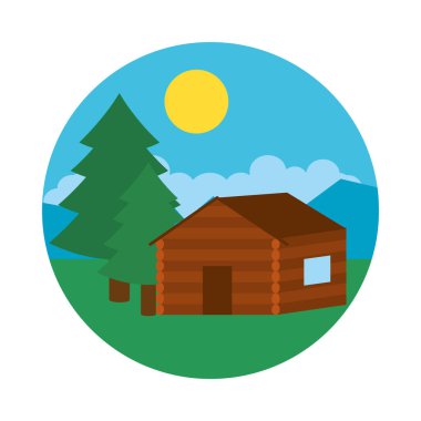 Dağ evi ve çamlı orman manzarası, düz stil.