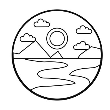 Nehir ve dağ simgesiyle manzara, çizgi biçimi