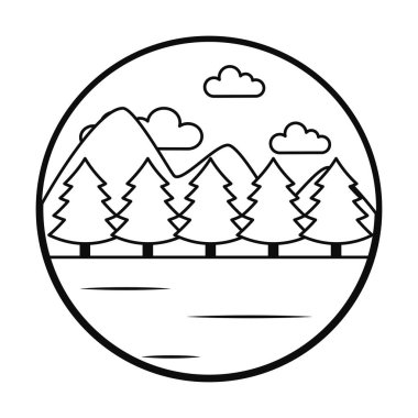Dağlar ve orman manzarası ikonu, çizgi tarzı