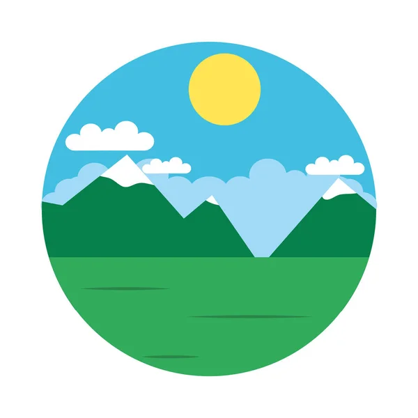 Montañas y sol icono del paisaje, de estilo plano — Vector de stock