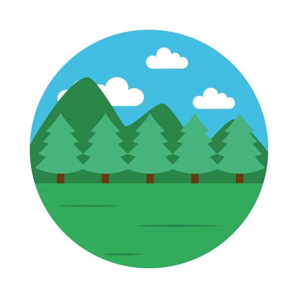 Montañas y bosque icono del paisaje, de estilo plano — Vector de stock