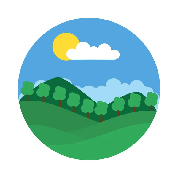Montañas y árboles icono del paisaje, de estilo plano — Vector de stock