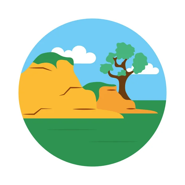 Paisaje rocoso con icono de árbol, estilo plano — Vector de stock