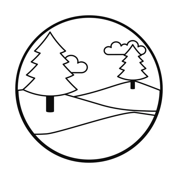 Dağlar ve ağaçlar manzara ikonu, çizgi biçimi — Stok Vektör