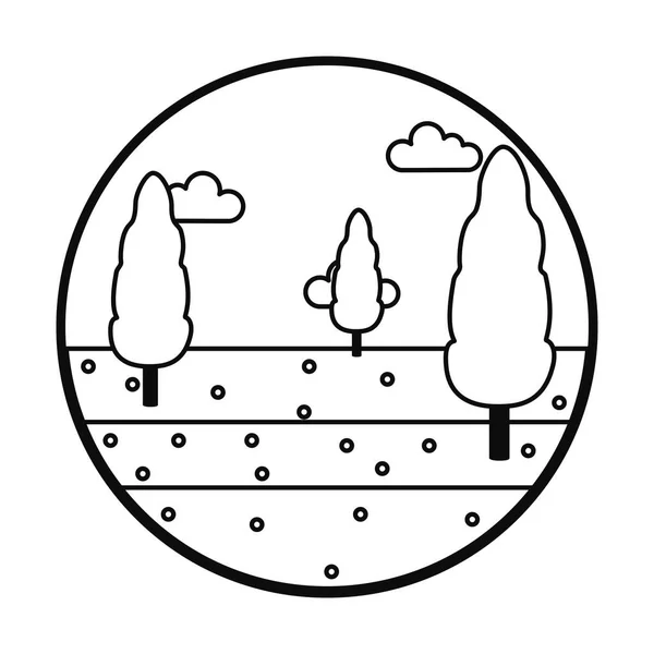 Herbe florale et arbres icône de paysage, style ligne — Image vectorielle