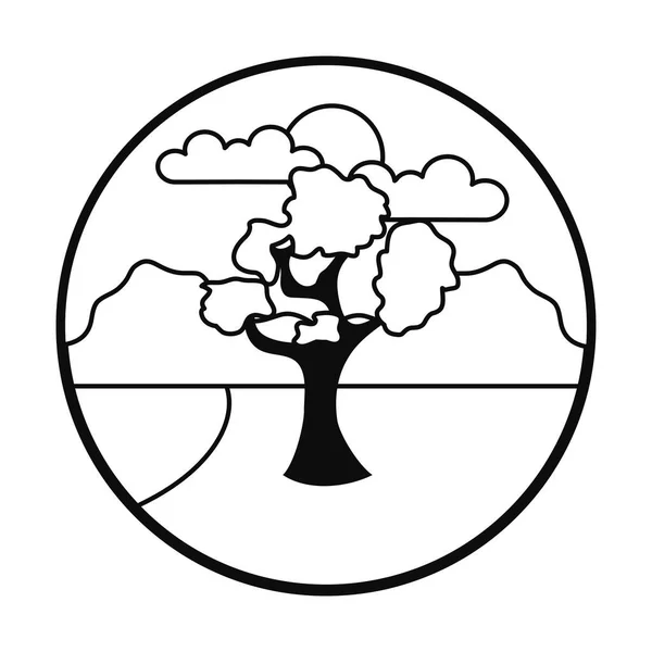 Landskap med träd, sol och moln ikon, linje stil — Stock vektor