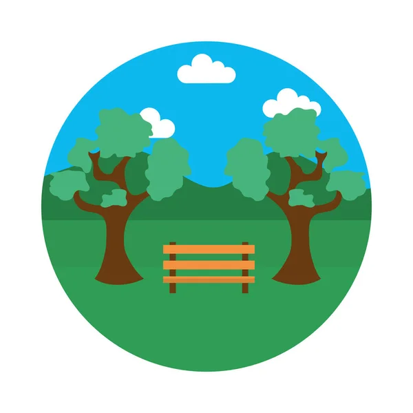 Parque de paisaje con icono de banco, de estilo plano — Vector de stock