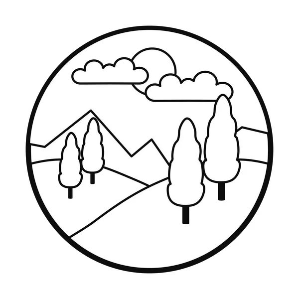 Montañas y árboles, paisaje soleado, estilo de línea — Vector de stock