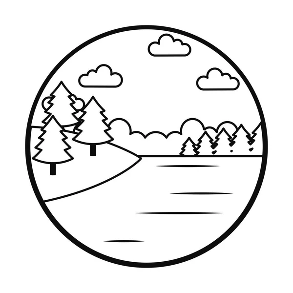 Lago paisaje y árboles, estilo de línea — Vector de stock