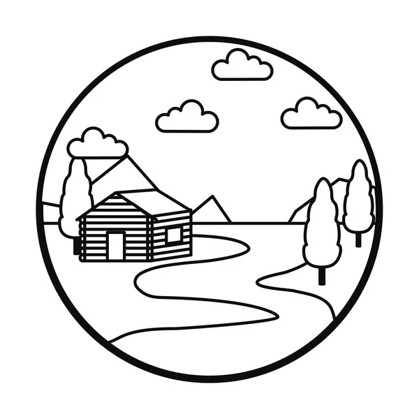 Řeka a dřevěná kabina krajina ikona, linie styl — Stockový vektor
