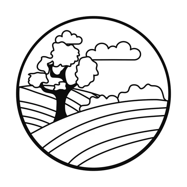 Valley with trees landscape icon, line style