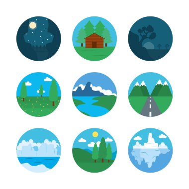 Doğa ve manzara ikonu kümesi, düz biçim