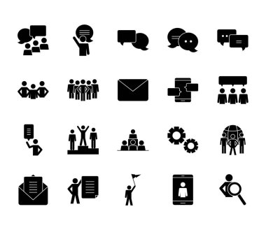 pictogram insanları ve konuşma baloncukları simge seti, siluet biçimi