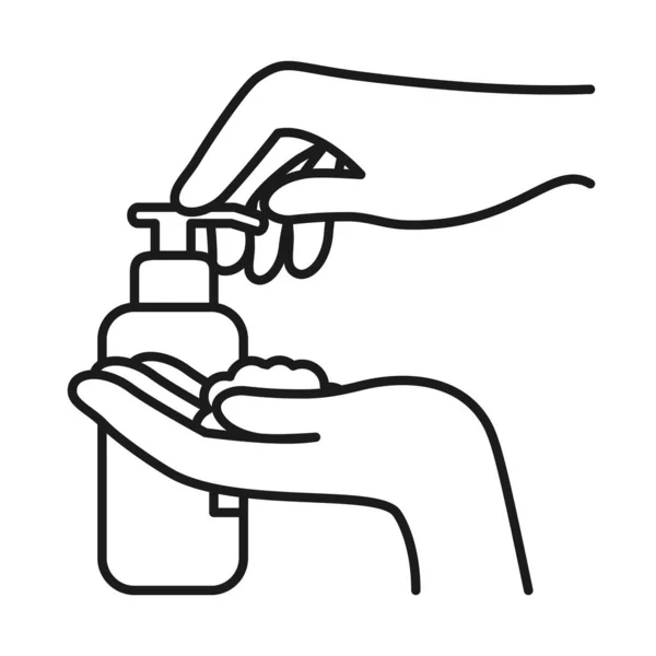 Händer trycka på en tvål flaska ikon, linje stil — Stock vektor