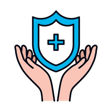 Tıbbi haç simgesi, çizgi ve dolgu stili olan eller ve kalkan