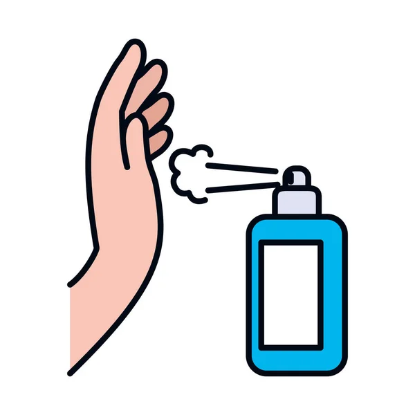 Mano con spray antibatterico può, linea e riempire lo stile — Vettoriale Stock