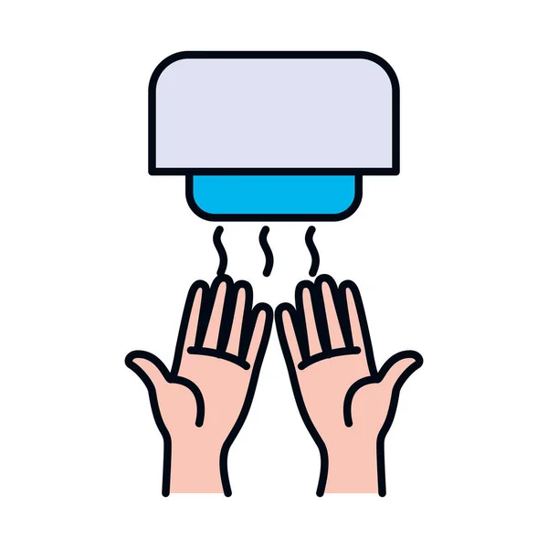 Hands drying hands with a hand dryer, line and fill style — Stock Vector