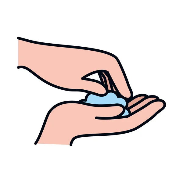 Concetto di lavaggio a mano, mani con icona in schiuma saponata, linea e stile di riempimento — Vettoriale Stock