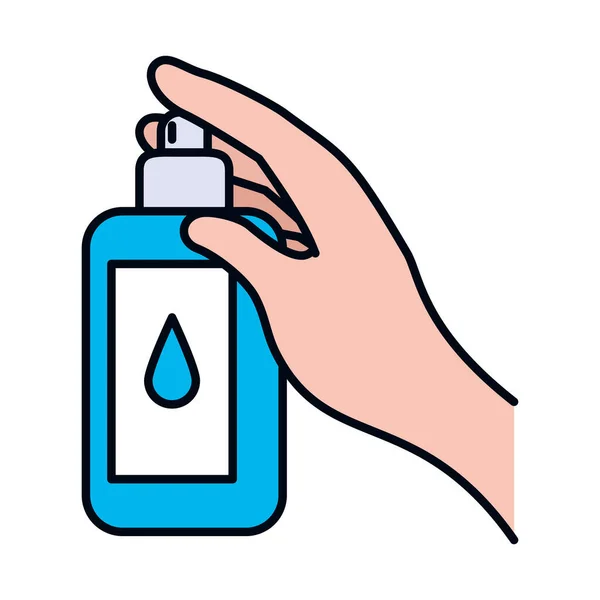 Concetto di lavaggio a mano, mano tenendo un'icona bottiglia di sapone, linea e riempire lo stile — Vettoriale Stock