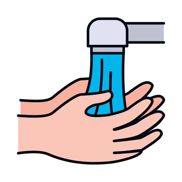 Concetto di lavaggio a mano, mani e rubinetto dell'acqua, linea e stile di riempimento — Vettoriale Stock