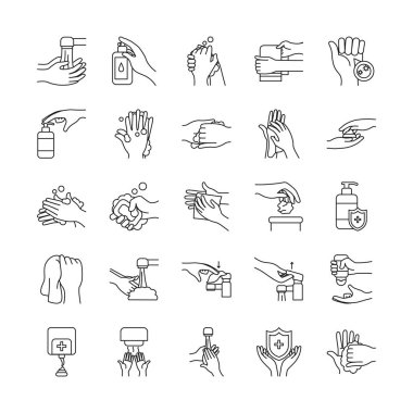Antibakteriyel dağıtıcı ve el yıkama ikonu seti, satır biçimi
