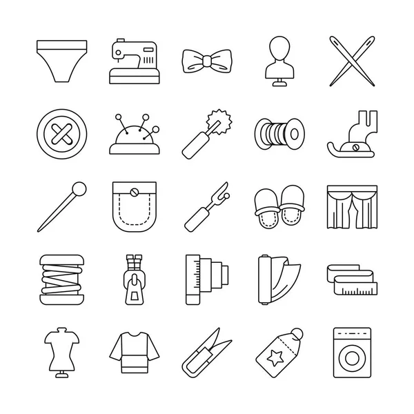 Aghi e set di icone per cucire, stile linea — Vettoriale Stock