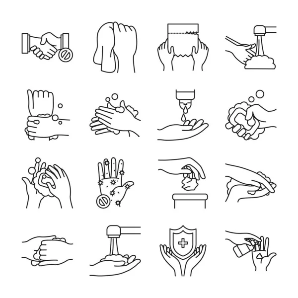 Ensemble d'icônes savonneuses à l'eau et au lavage des mains, style ligne — Image vectorielle