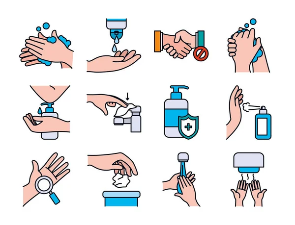 Zestaw ikon do mycia rąk i rąk, linia i styl wypełnienia — Wektor stockowy