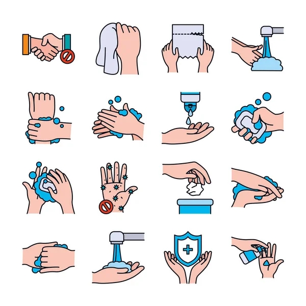 Ensemble d'icônes savonneuses à l'eau et au lavage des mains, style ligne et remplissage — Image vectorielle