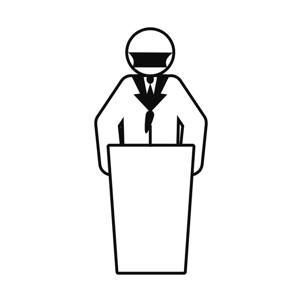 Εικονόγραμμα επιχειρηματίας φορώντας μάσκα στόμα στο βάθρο συνέδριο, γραμμή στυλ — Διανυσματικό Αρχείο