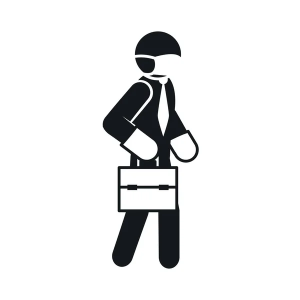 Pictograma hombre de negocios con una cartera y el uso de máscara protectora, estilo de silueta — Vector de stock