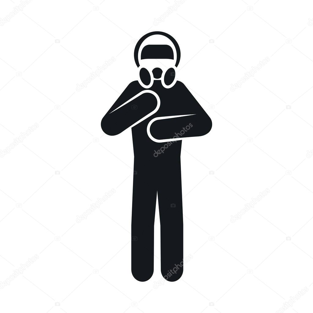 pictogram man standing wearing mask respirator, silhouette style