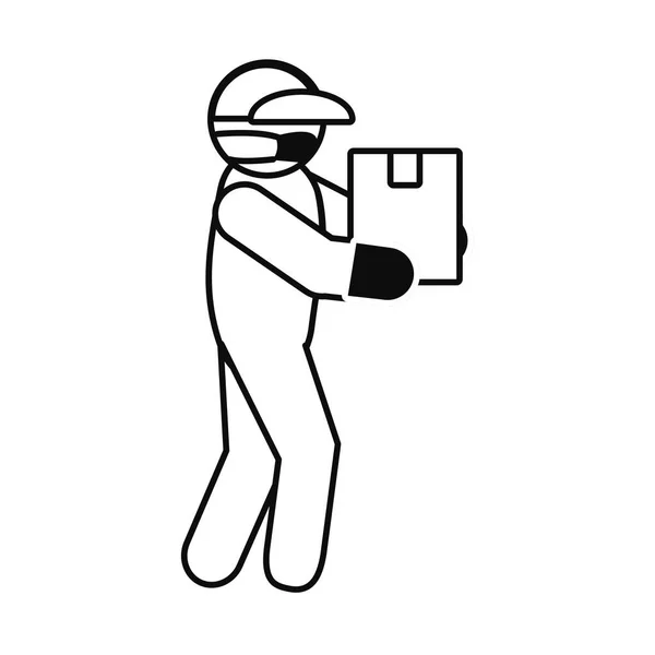 Człowiek piktogram noszenia maski ochronnej i trzymając pudełko, styl linii — Wektor stockowy